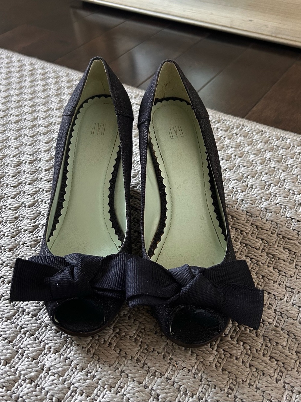 GAP Dark Denim Navy Bow Peep-Toe Heels with Scalloped Insole
